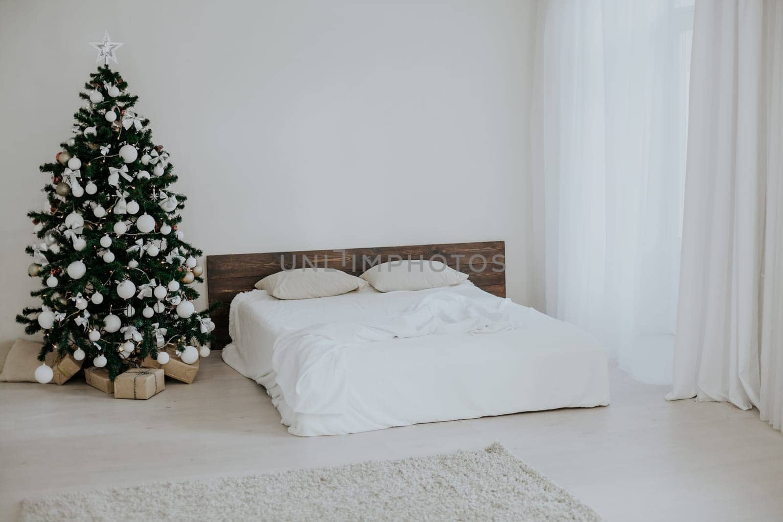 decor white room with bed new year Christmas gifts by Simakov