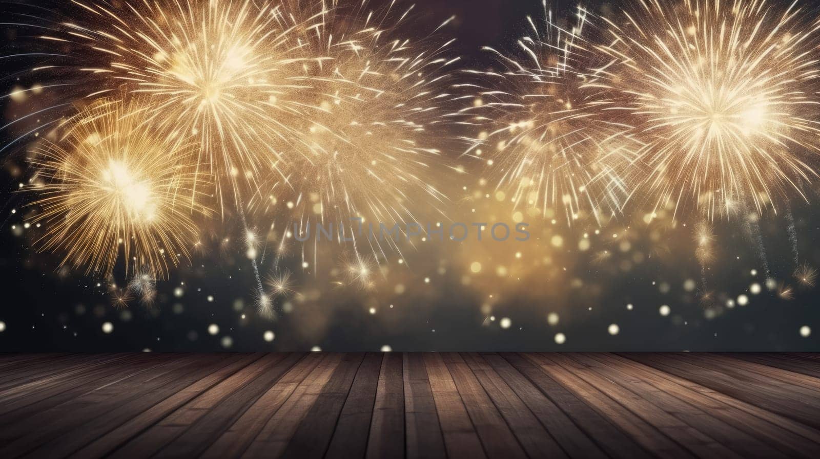 Wooden table or floor empty for product placement with new year firework in background comeliness