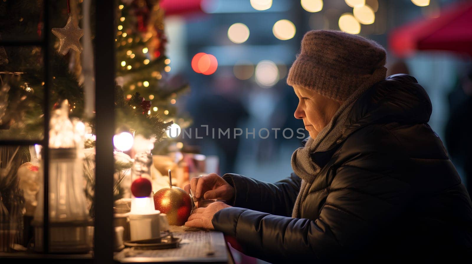 Amidst the wintry streets, a woman adorned in warm clothing sits by a flickering candle - Christmas related concept - generative AI
