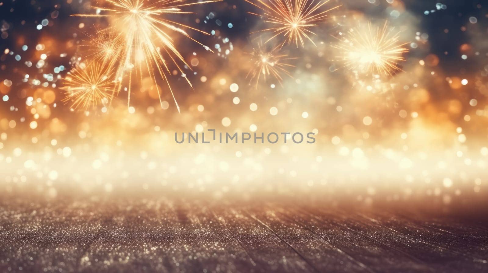 Wooden table or floor empty for product placement with new year firework in background comeliness