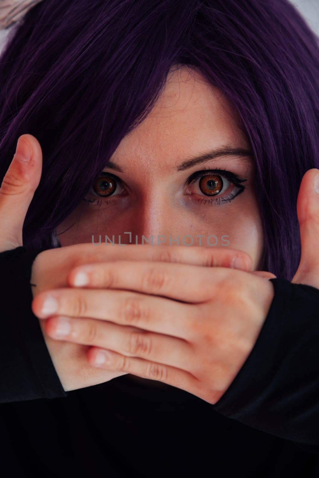 woman anime cosplayer with purple japan hair by Simakov