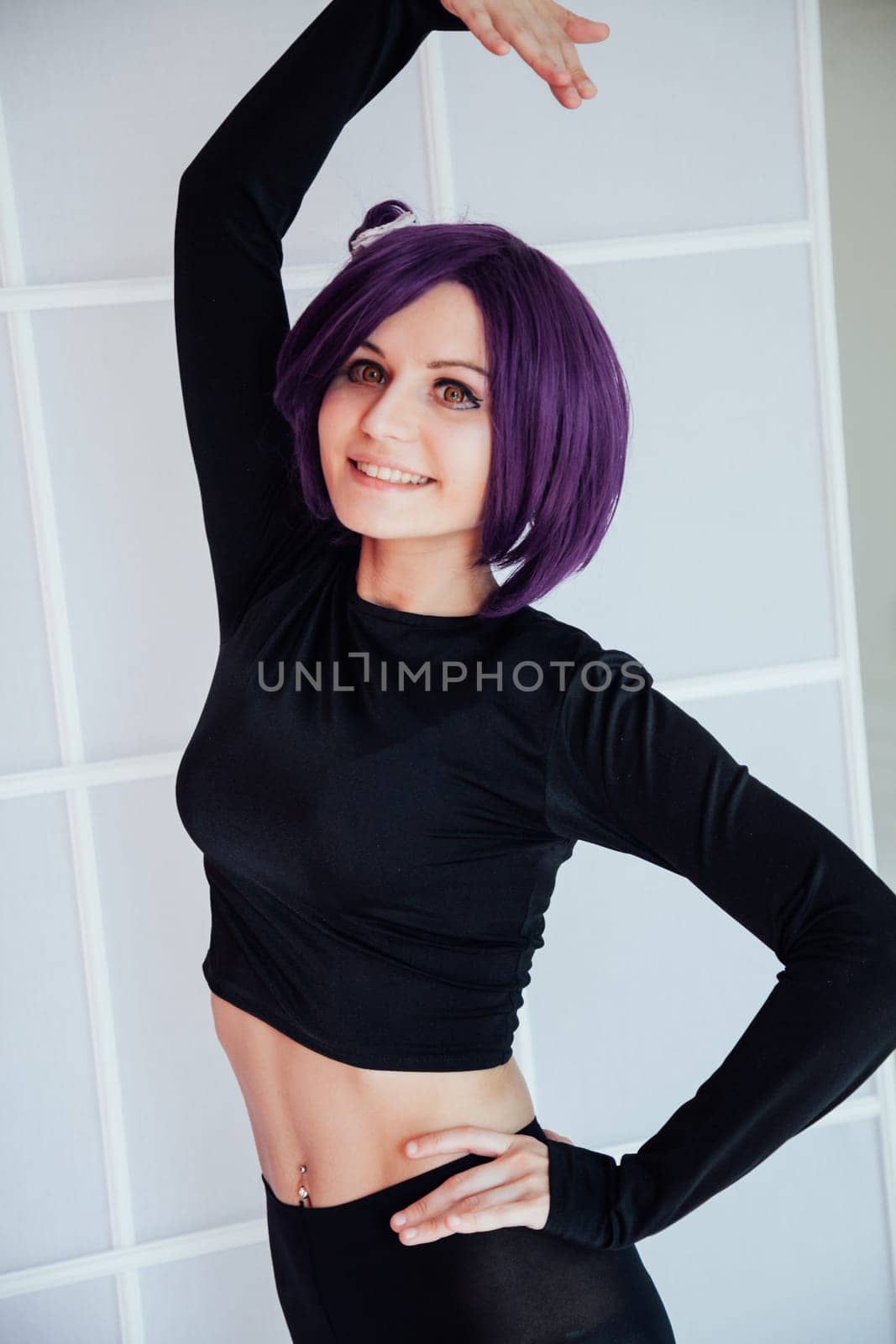 woman anime cosplayer with purple japan hair by Simakov