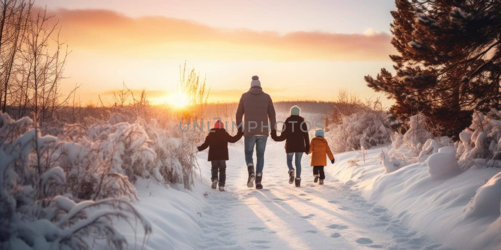 Happy family Father, mother and children are on winter walk in nature comeliness by biancoblue