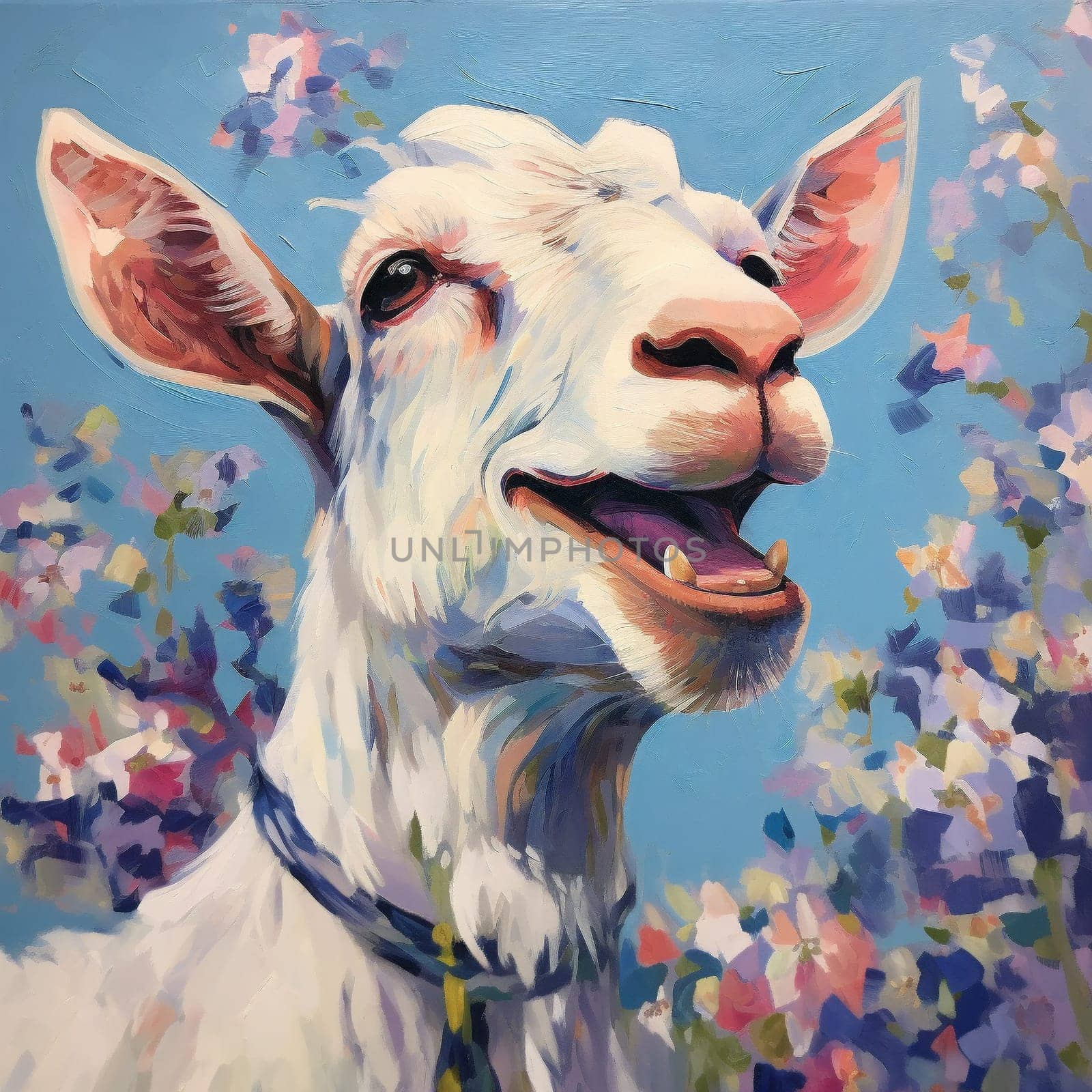 Portrait of a goat in meadow flowers. High quality illustration