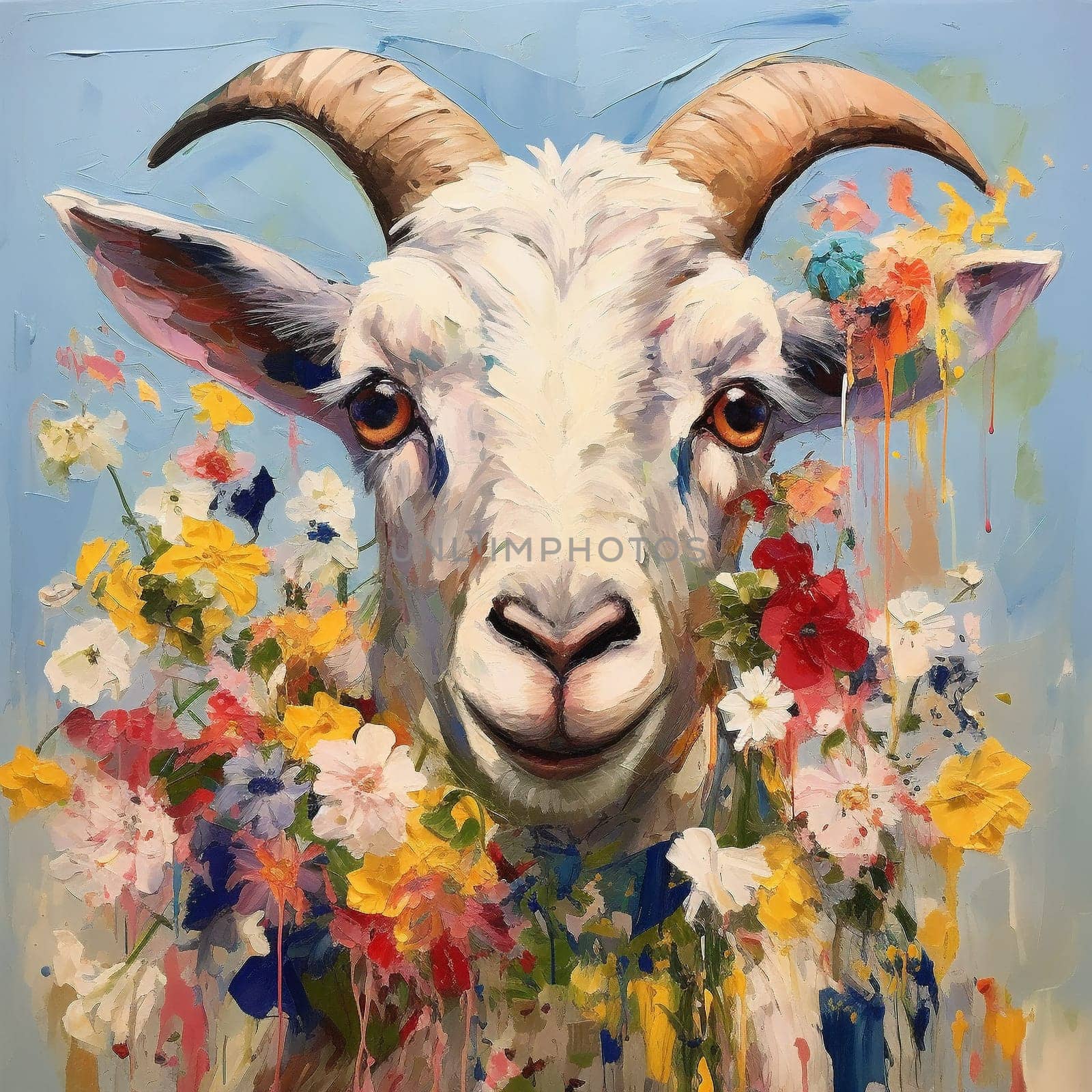 Portrait of a goat in meadow flowers. High quality illustration