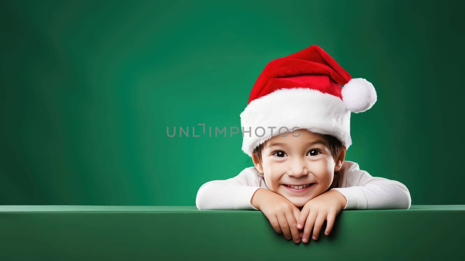 Surprised child in Santa hat hiding behind green advertisement board, Copy space for text or design, kid peeking out blank banner. by JuliaDorian