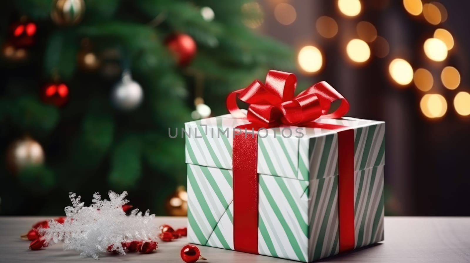 New Year banner with Christmas gift boxes and golden decorations on khaki background.