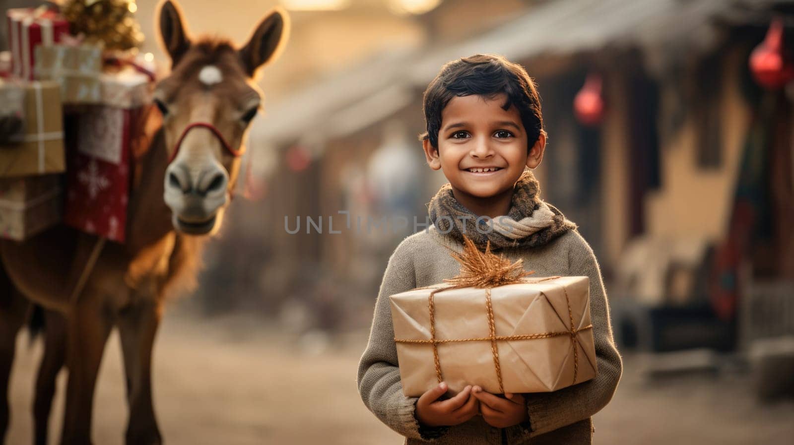Indian kid with big giftbox is looking to the camera dusty street on background. Christmas support. Give and share kindness