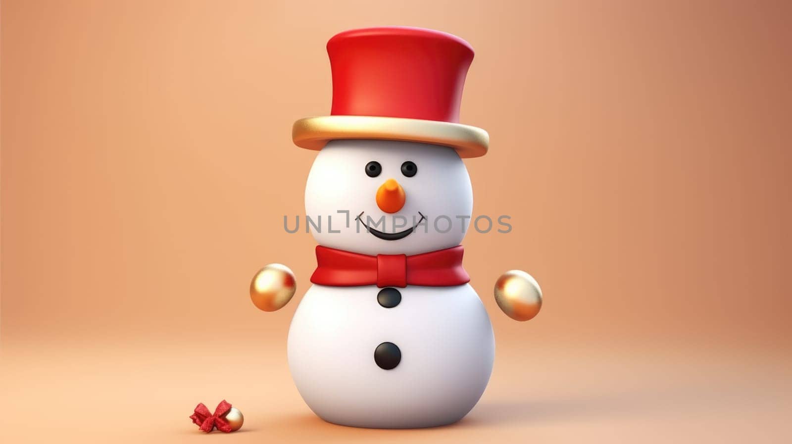 Cute toy snowman on the background with Christmas lights bokeh on background.