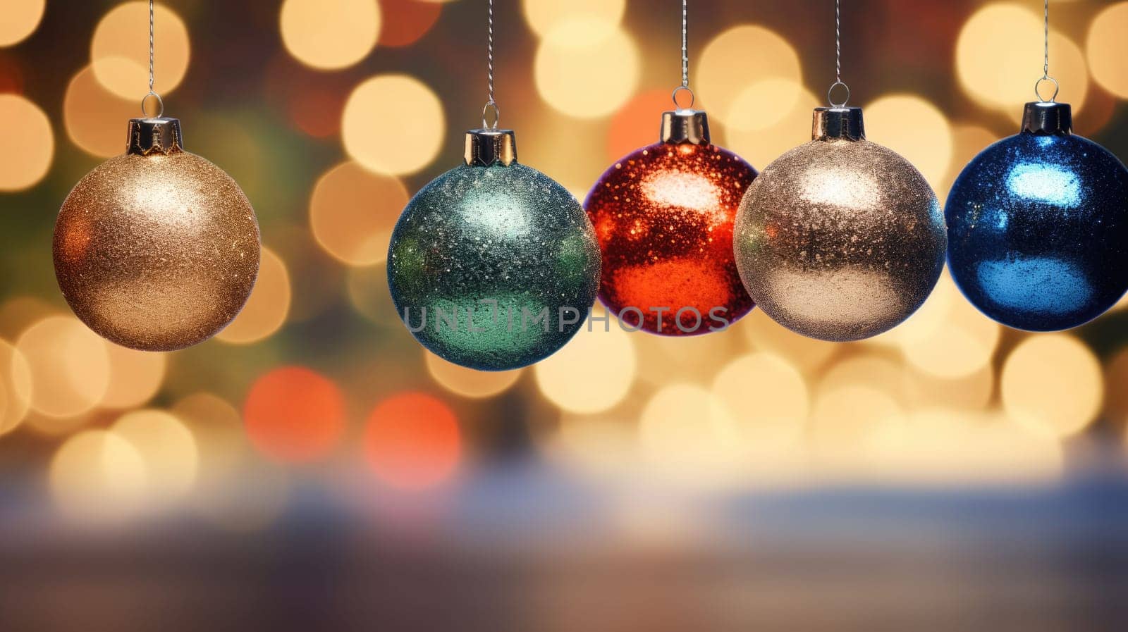 Festive ornaments with golden bokeh on background. Christmas celebration holiday background banner. Christmas baubles
