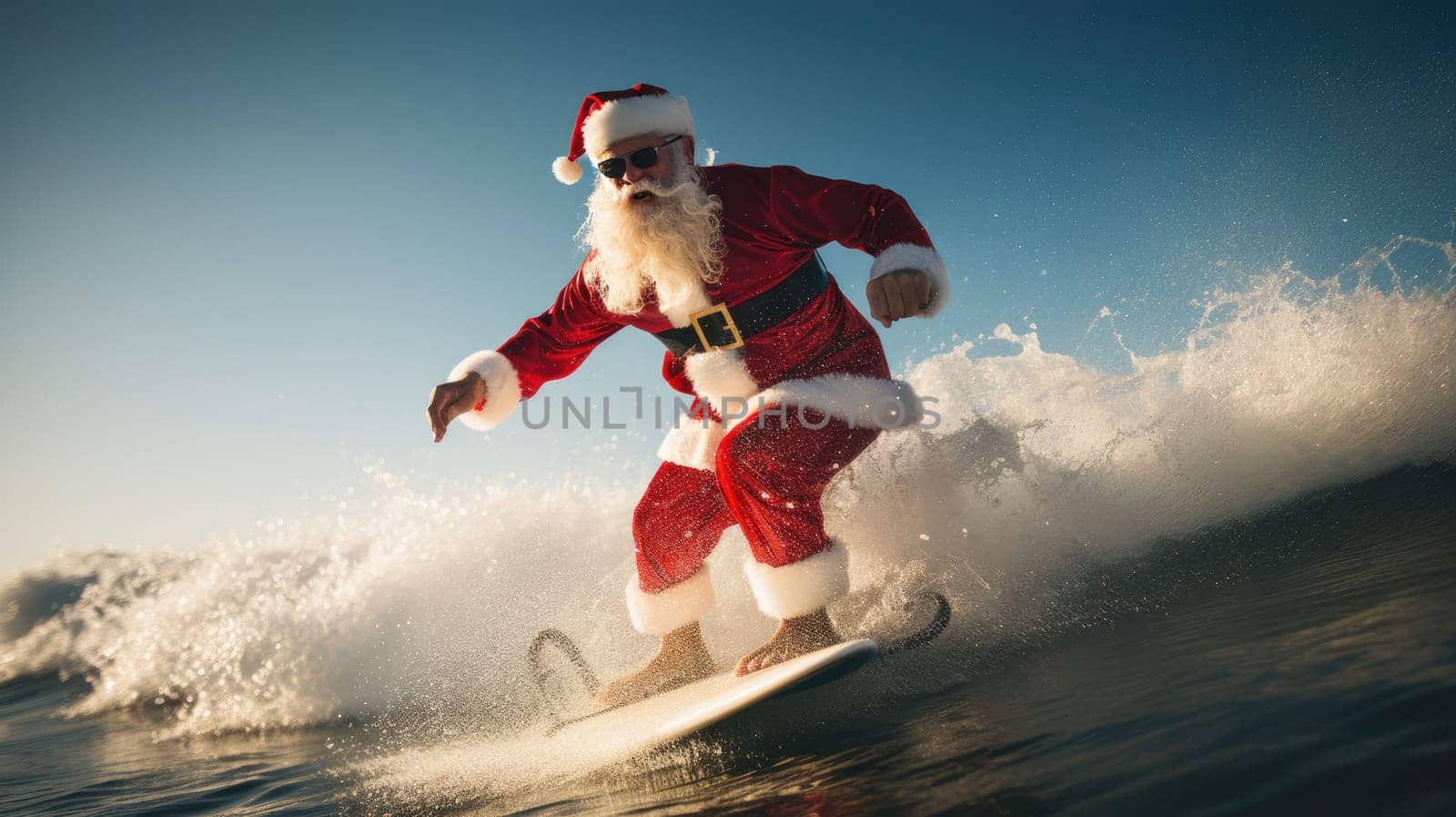 Santa Claus on surf board in ocean. Santa Claus on vacation. Surfing Santa. Santa goes Surfing