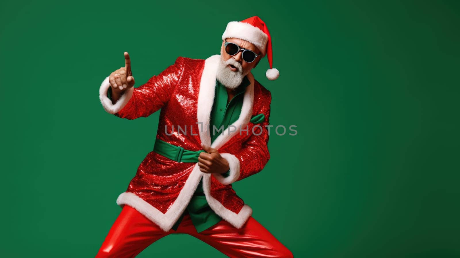 Portrait of funny crazy hipster Santa Claus in red hat fun Christmas x-mas party celebrate New year time dance on green background