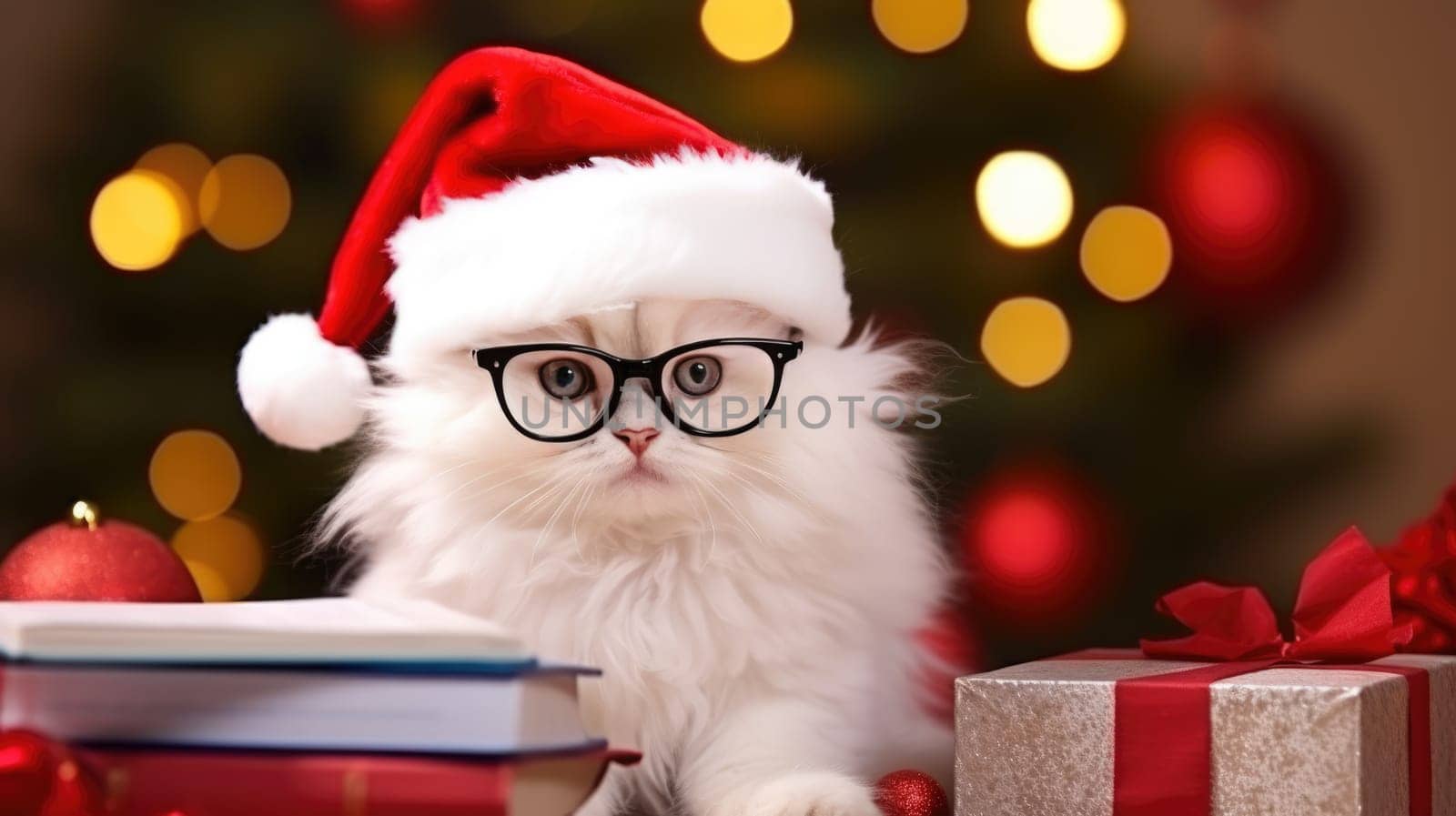 Beautiful small kitten with red Santa hat. Christmas holiday greeting card.