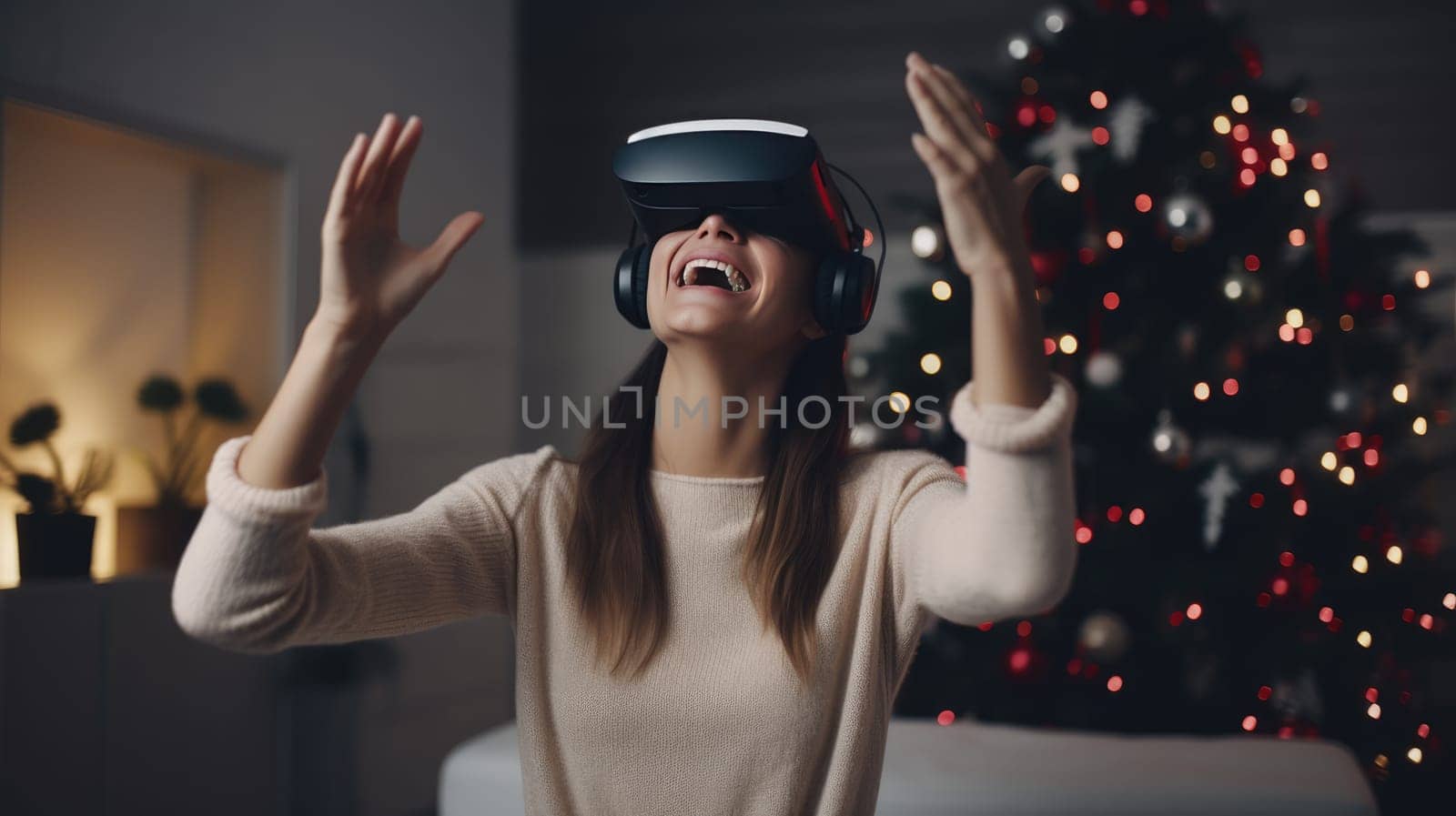 Attractive woman wearing VR goggles exploring cyberspace with Christmas decorated room on background.