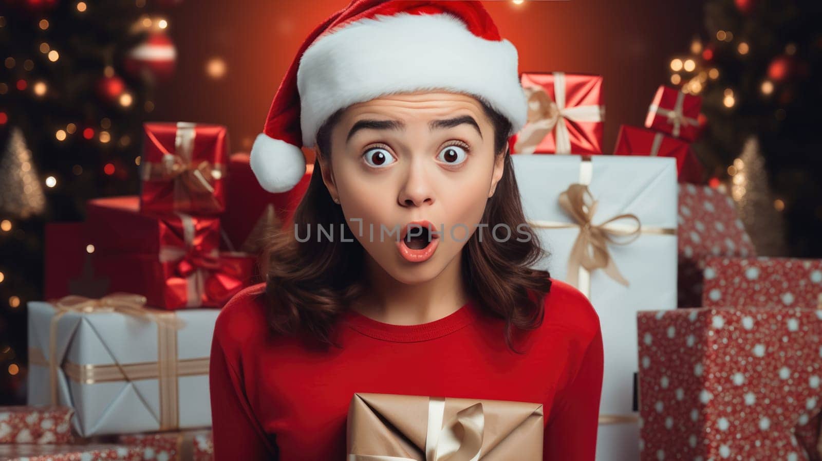 Surprised little girl in Santa Claus hat holding gift box. Christmas holidays. Boxing Day shopping. Holiday shopping.