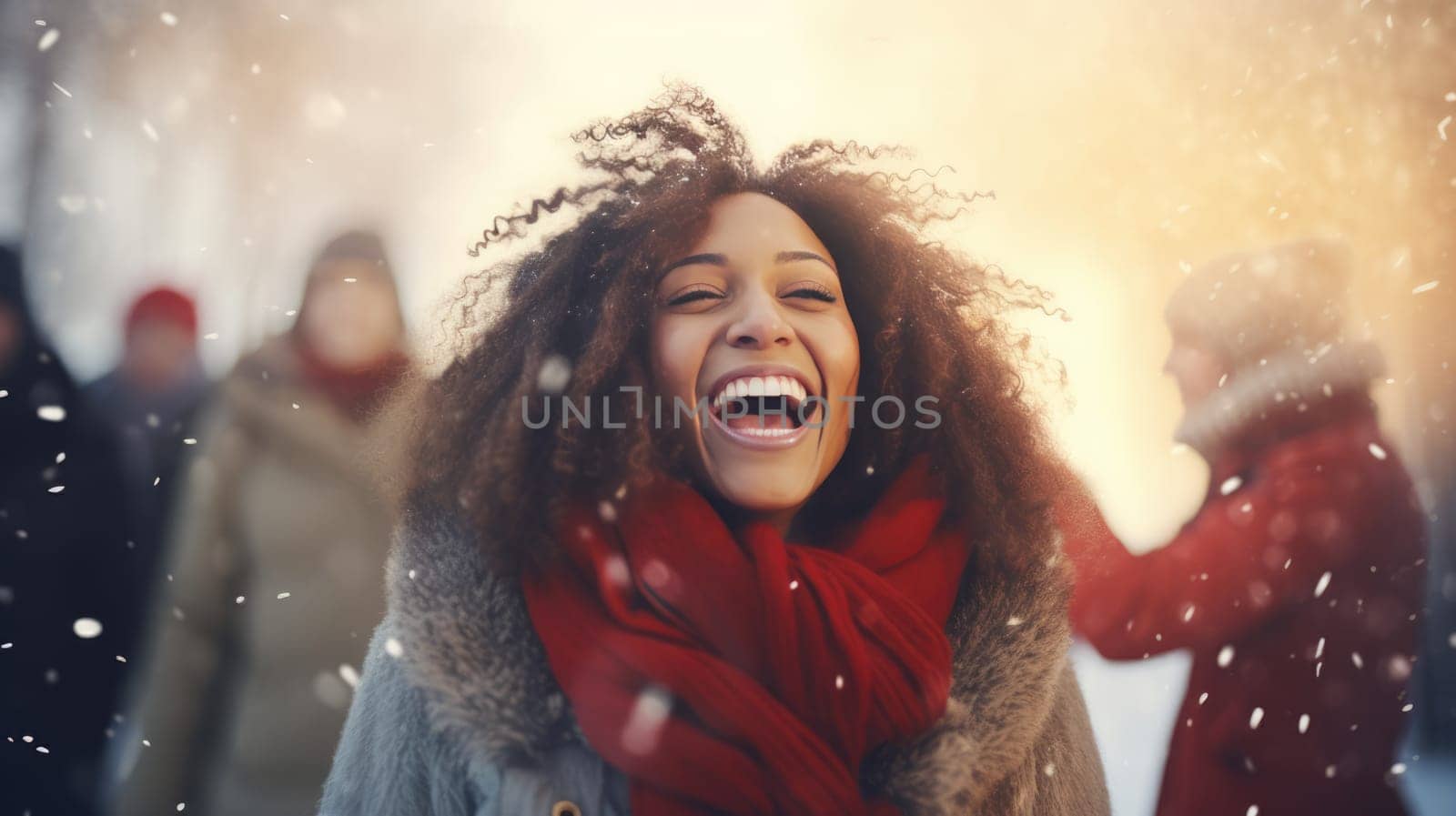 Happy Friends wearing winter clothes celebrating Christmas holiday. People having fun hanging out together walking on city street. Winter holidays and relationship concept.