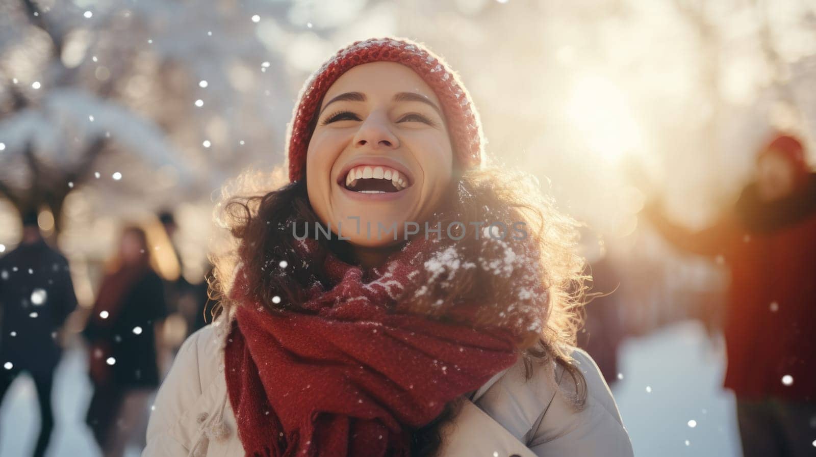 Happy Friends wearing winter clothes celebrating Christmas holiday. People having fun hanging out together walking on city street. Winter holidays and relationship concept.