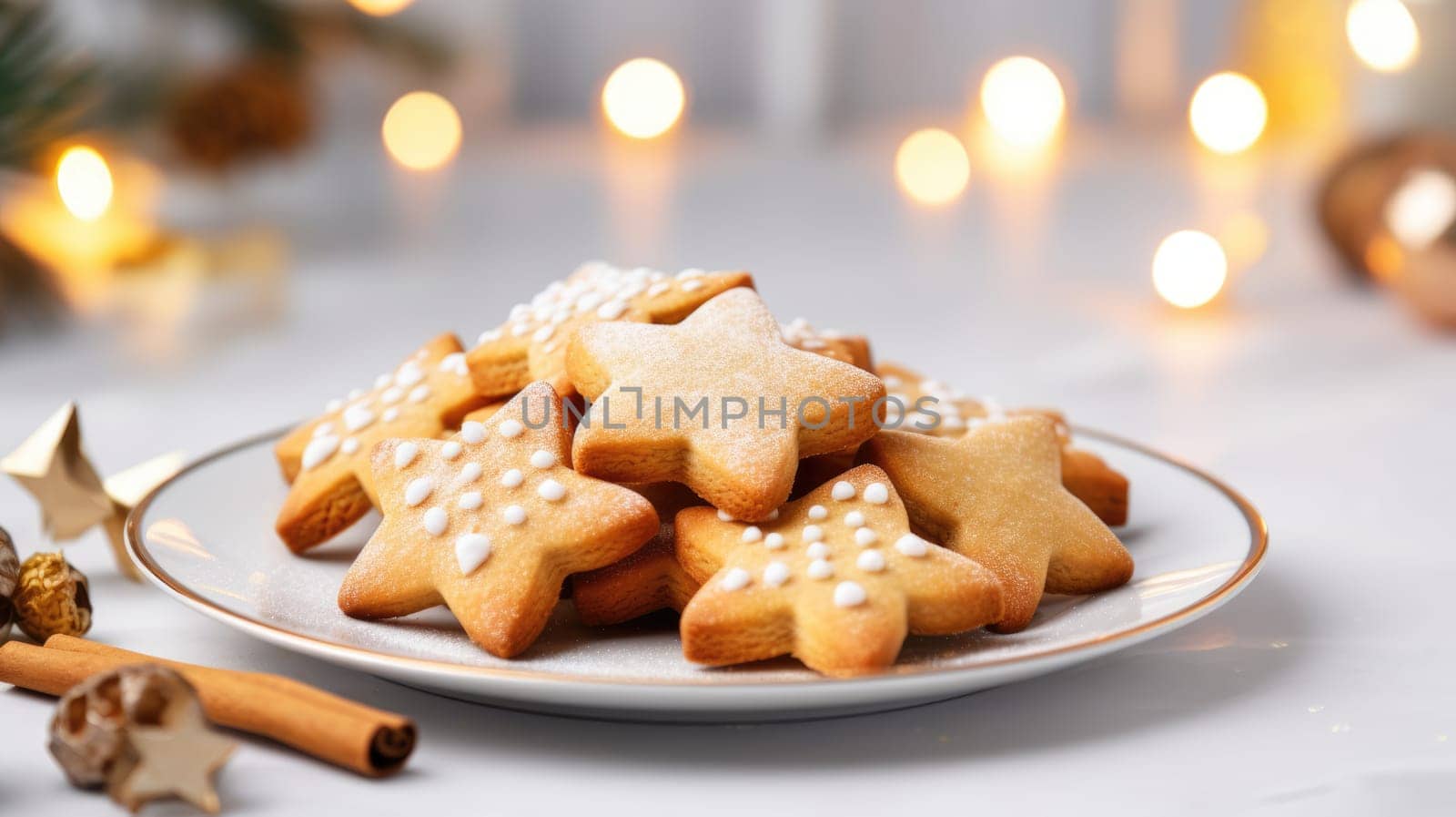 Homemade Christmas gingerbread cookies decorated with sweet sugar icing served on plate on white wooden background.