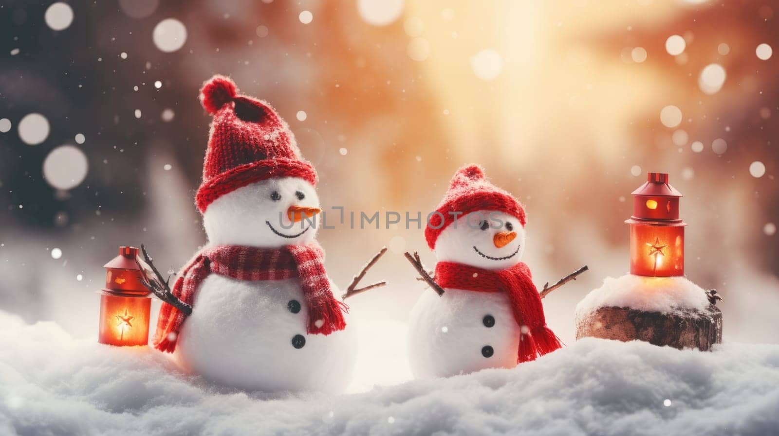 Cute toy snowman on the background with Christmas lights bokeh on background.