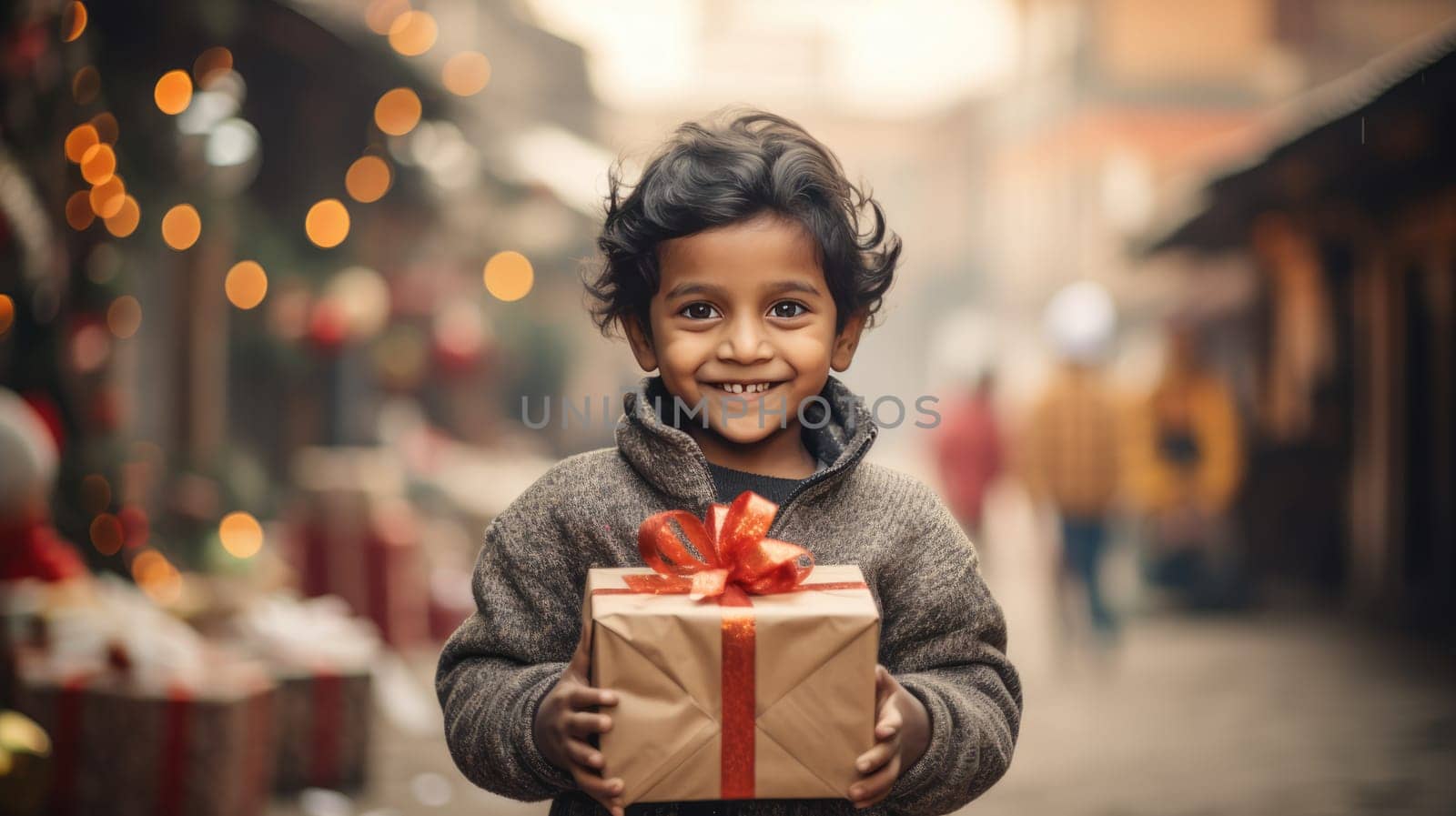 Indian kid with big giftbox is looking to the camera dusty street on background. Christmas support. Give and share kindness