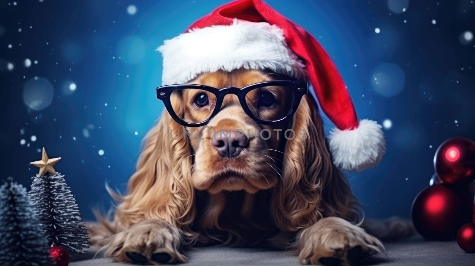 Cute puppy cocker spaniel celebrating Christmas holidays wearing red Santa hat