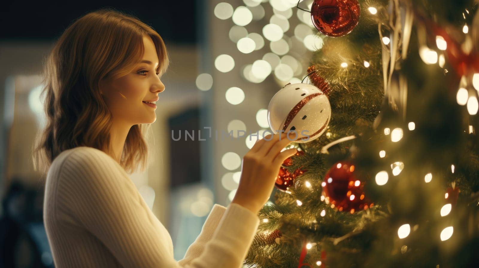 Shot of robot girl decorating room for Christmas. Holidays and celebration concept. New technology