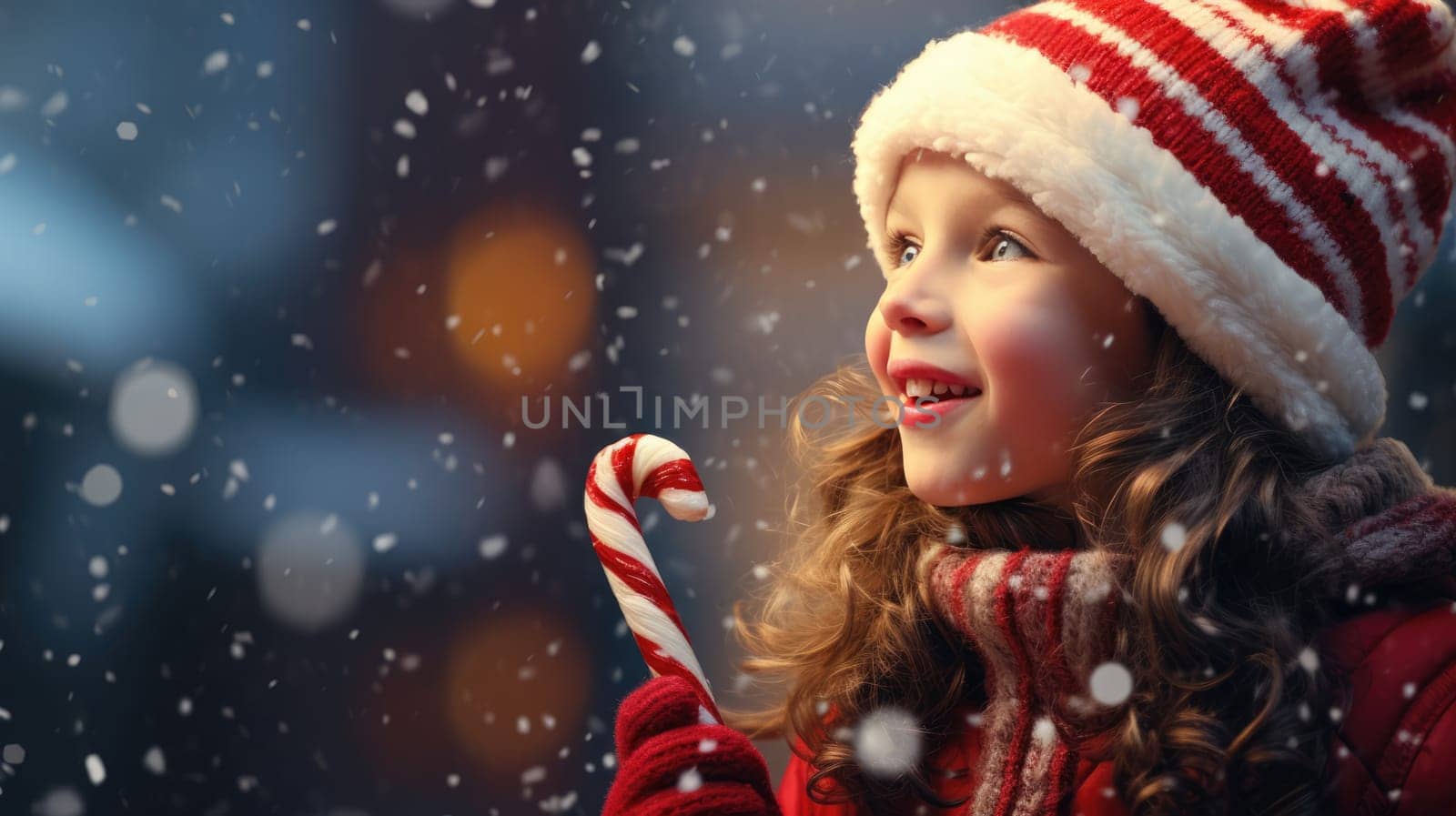Cute little girl wearing red Santa hat and smiling. Christmas and New Year concept. Copy space