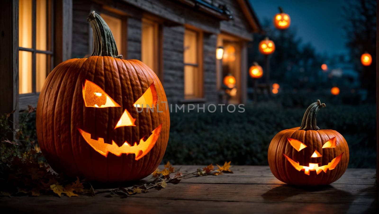 A pumpkin carved in the shape of a lantern on Halloween Day, with a terrifying and sinister face