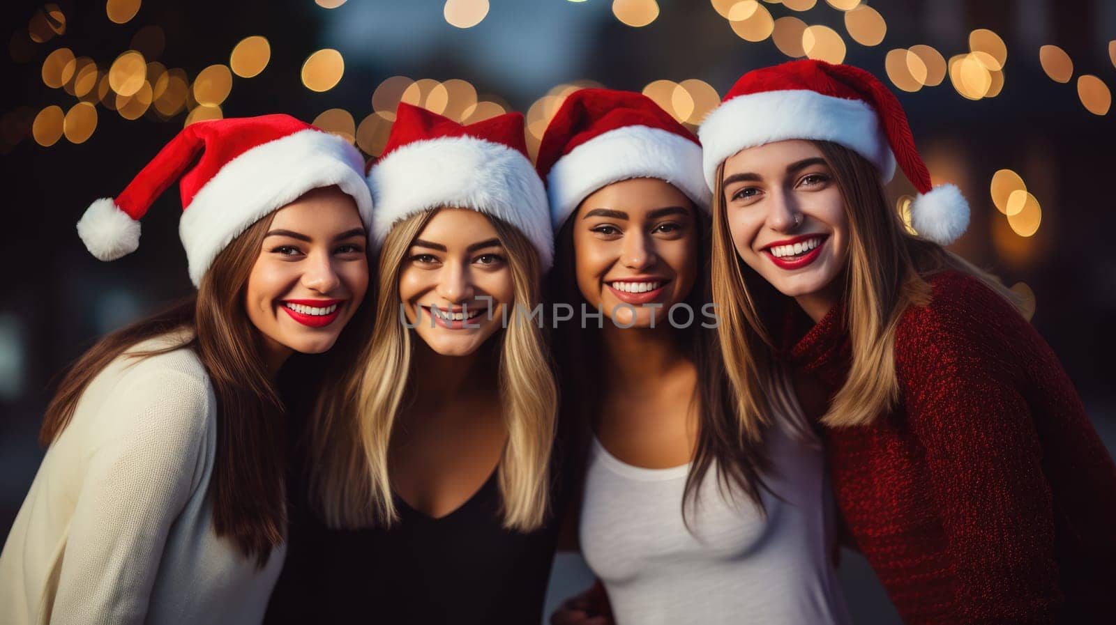 Happy teenagers wearing Santa Claus hat celebrating Christmas night together. Group of young people having new year party outside. Winter holidays concept.