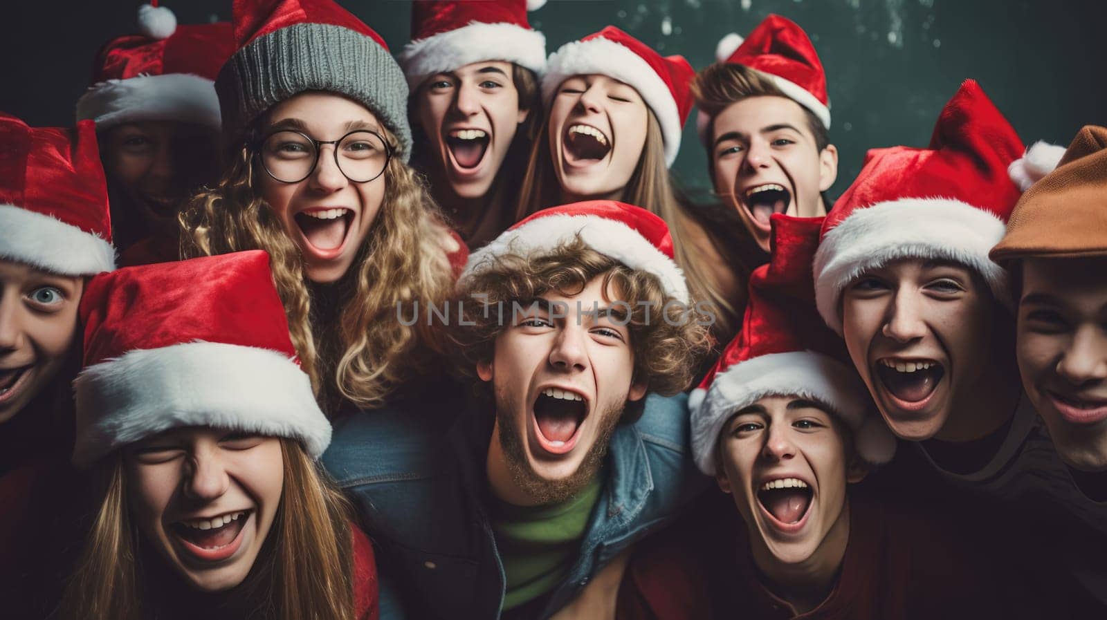 Happy teenagers wearing Santa Claus hat celebrating Christmas night together. Group of young people having new year party outside. Winter holidays concept.