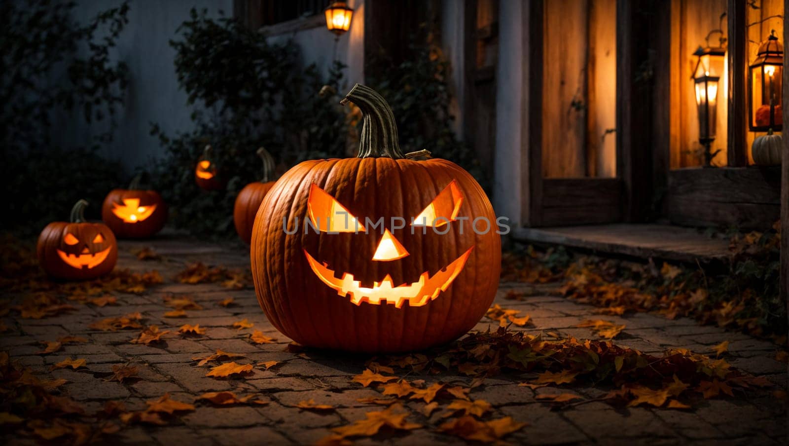 A pumpkin carved in the shape of a lantern, with a terrifying and sinister face by Севостьянов