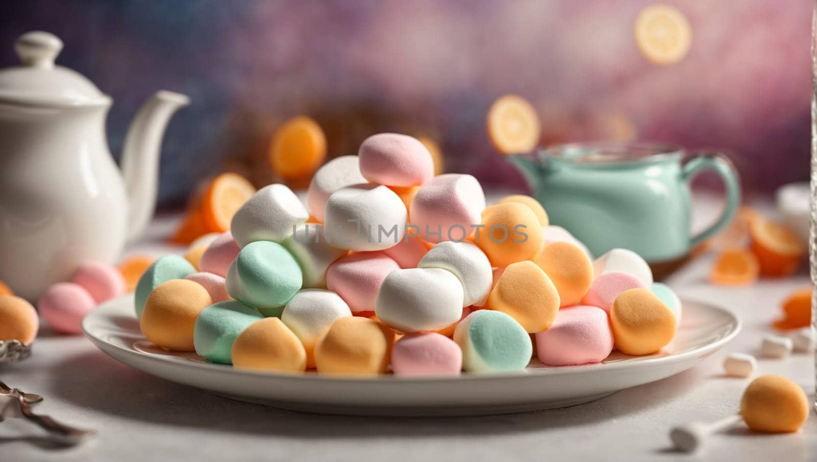 Colorful marshmallows delightfully beautiful round marshmallows lying on a plate. sweets for tea