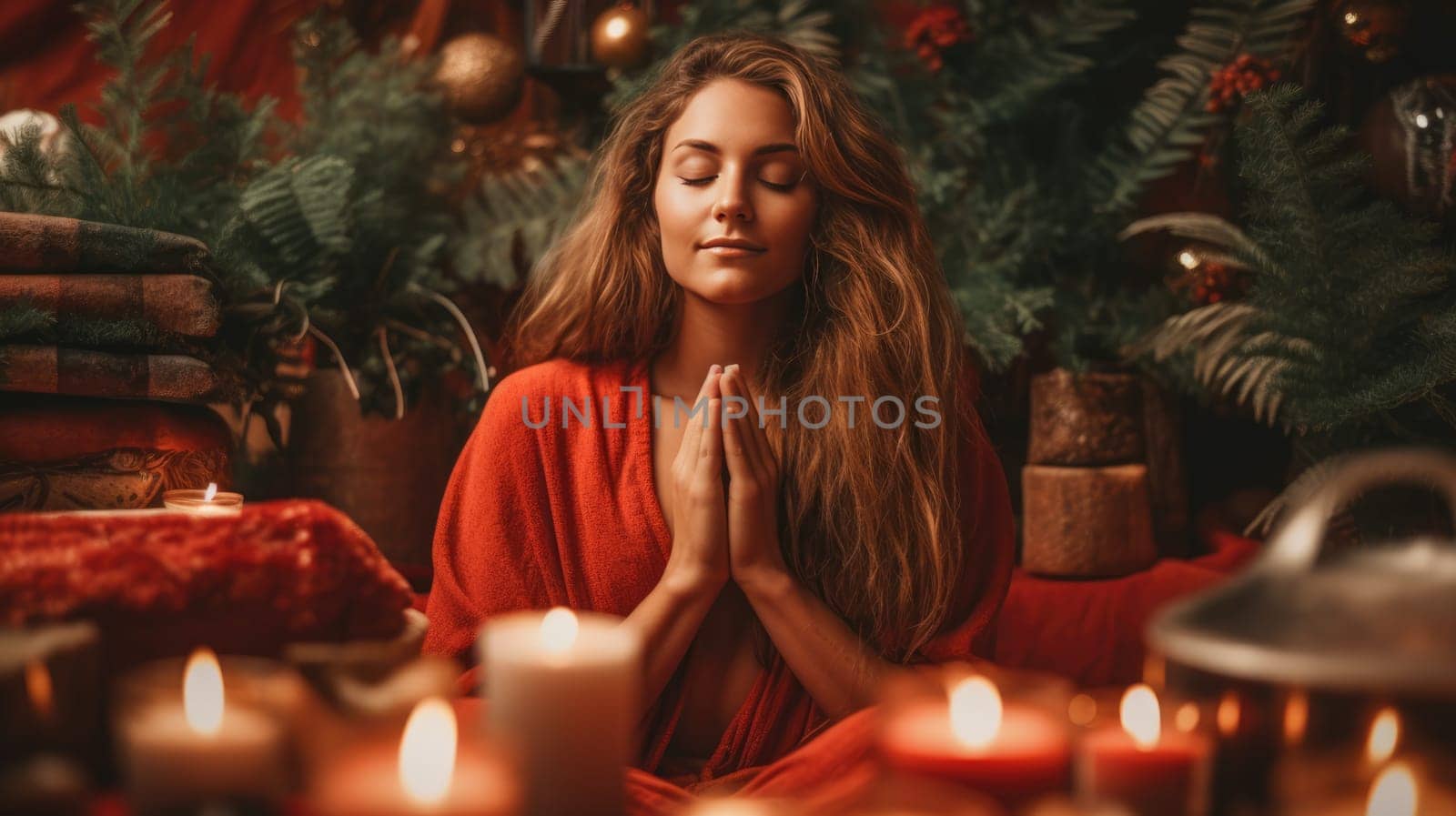 Girl teenager sleeping under the Christmas tree waiting for presents. Cozy Christmas holidays.