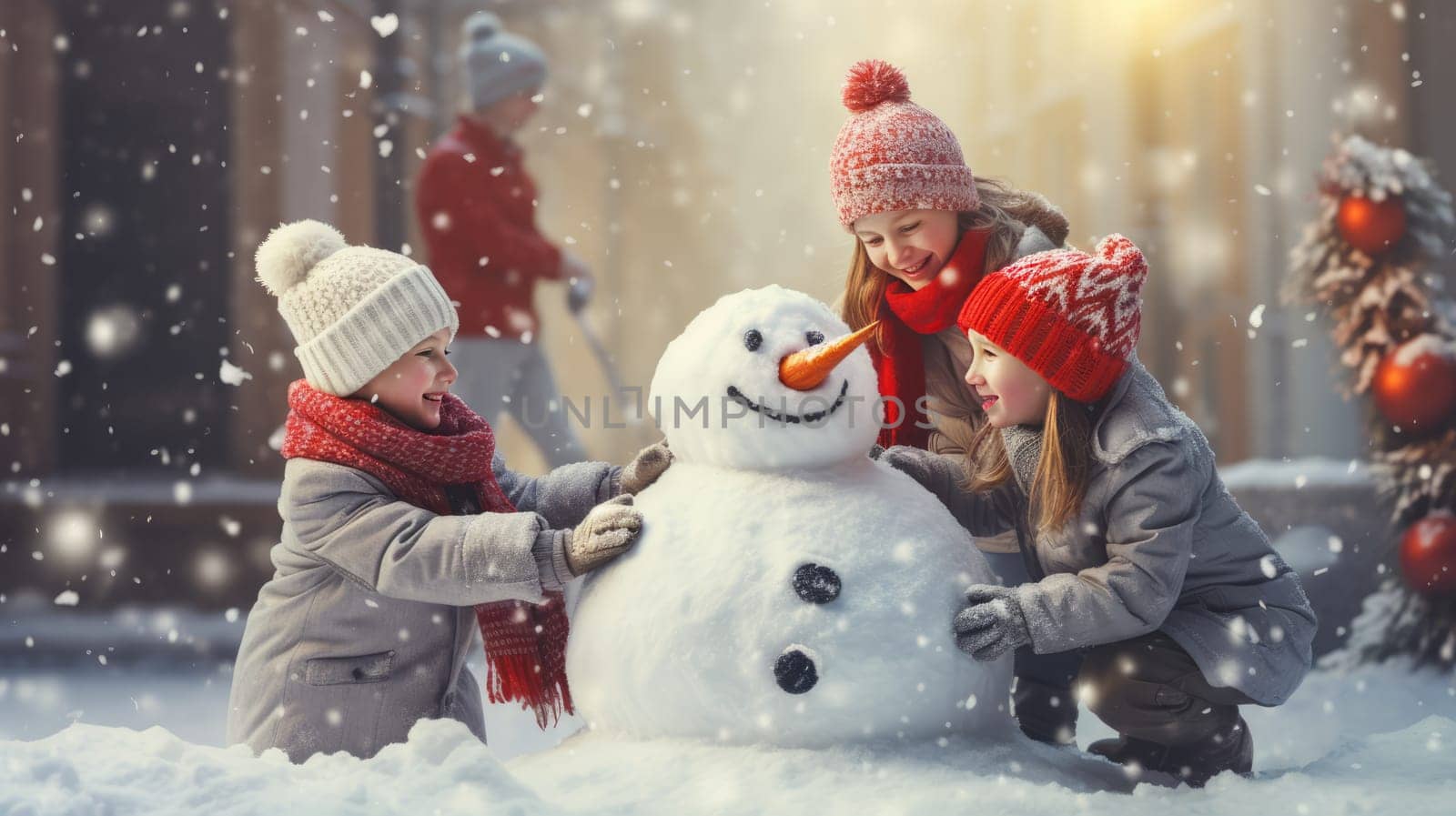 Kids building snow man playing outdoors on sunny snowy winter day. Outdoor family fun on Christmas vacation