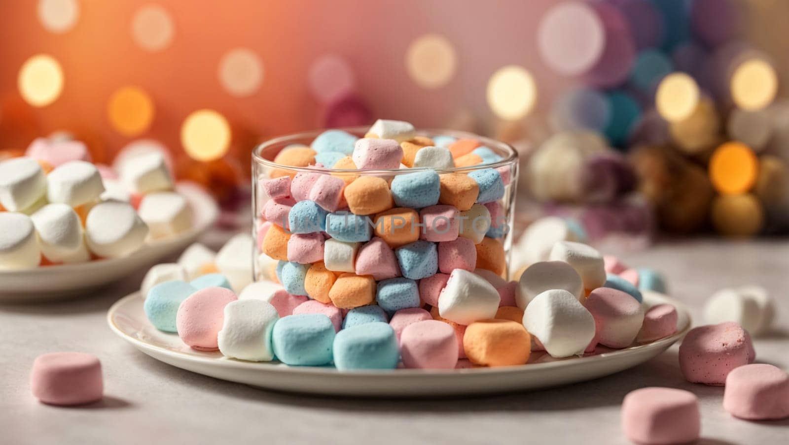 Colorful marshmallows delightfully beautiful round marshmallows lying on a plate. sweets for tea