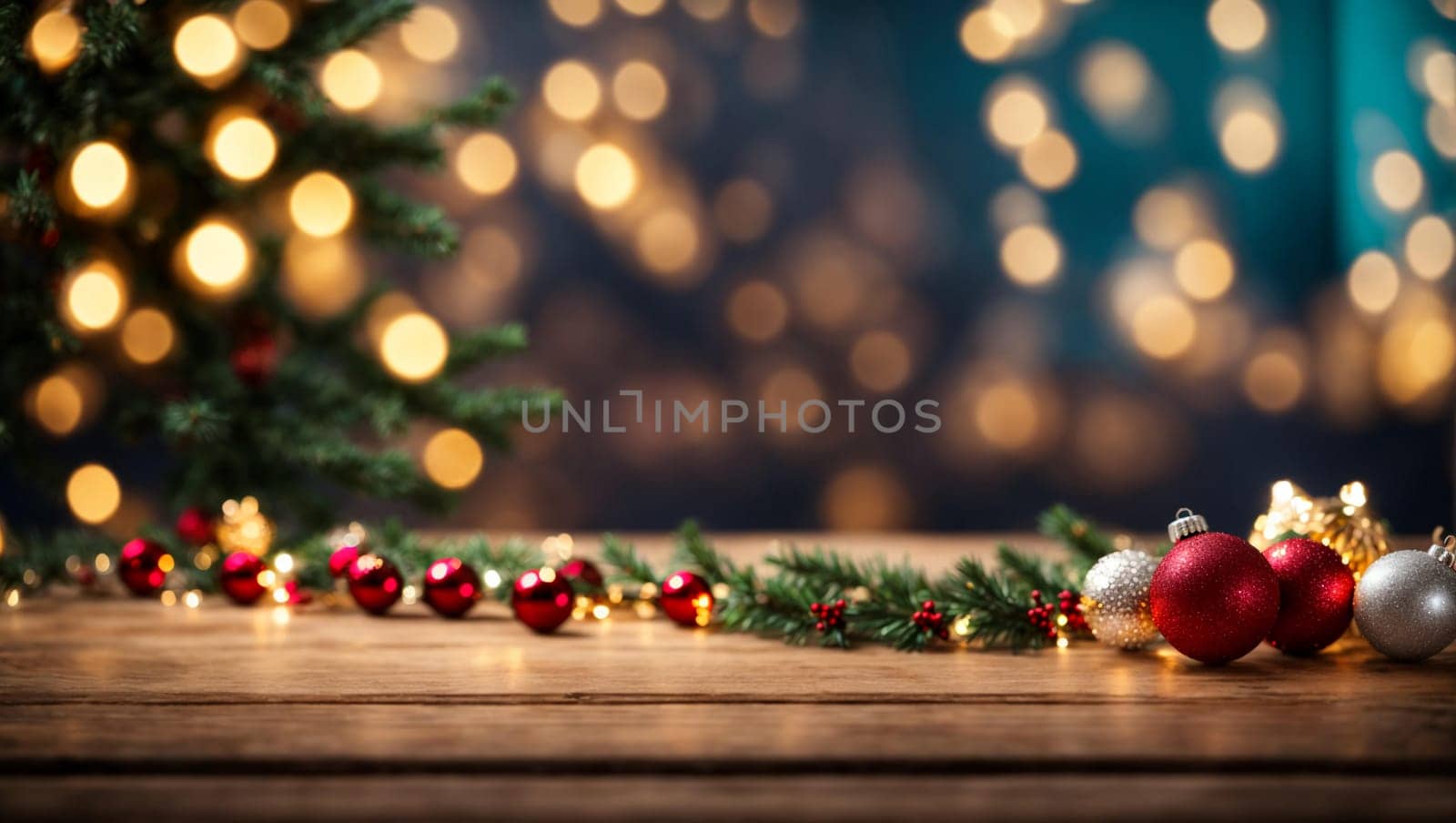 Christmas background, an empty wooden tabletop on the background of a defocused Christmas garland by Севостьянов