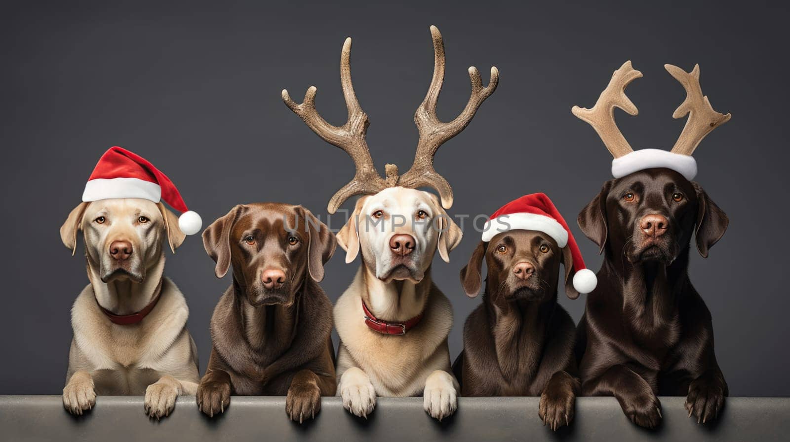 Five dogs celebrating Christmas holidays wearing red Santa Claus hat, reindeer antlers and red present ribbon