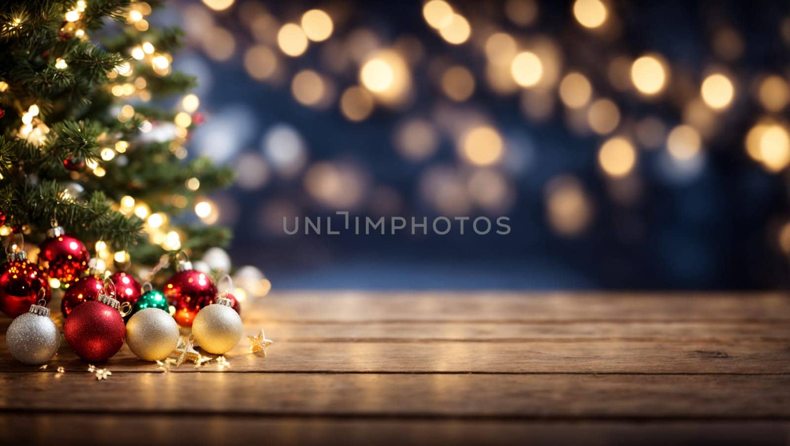 Christmas background, an empty wooden tabletop on the background of a defocused Christmas garland in the bokeh style. A template for displaying Christmas goods.