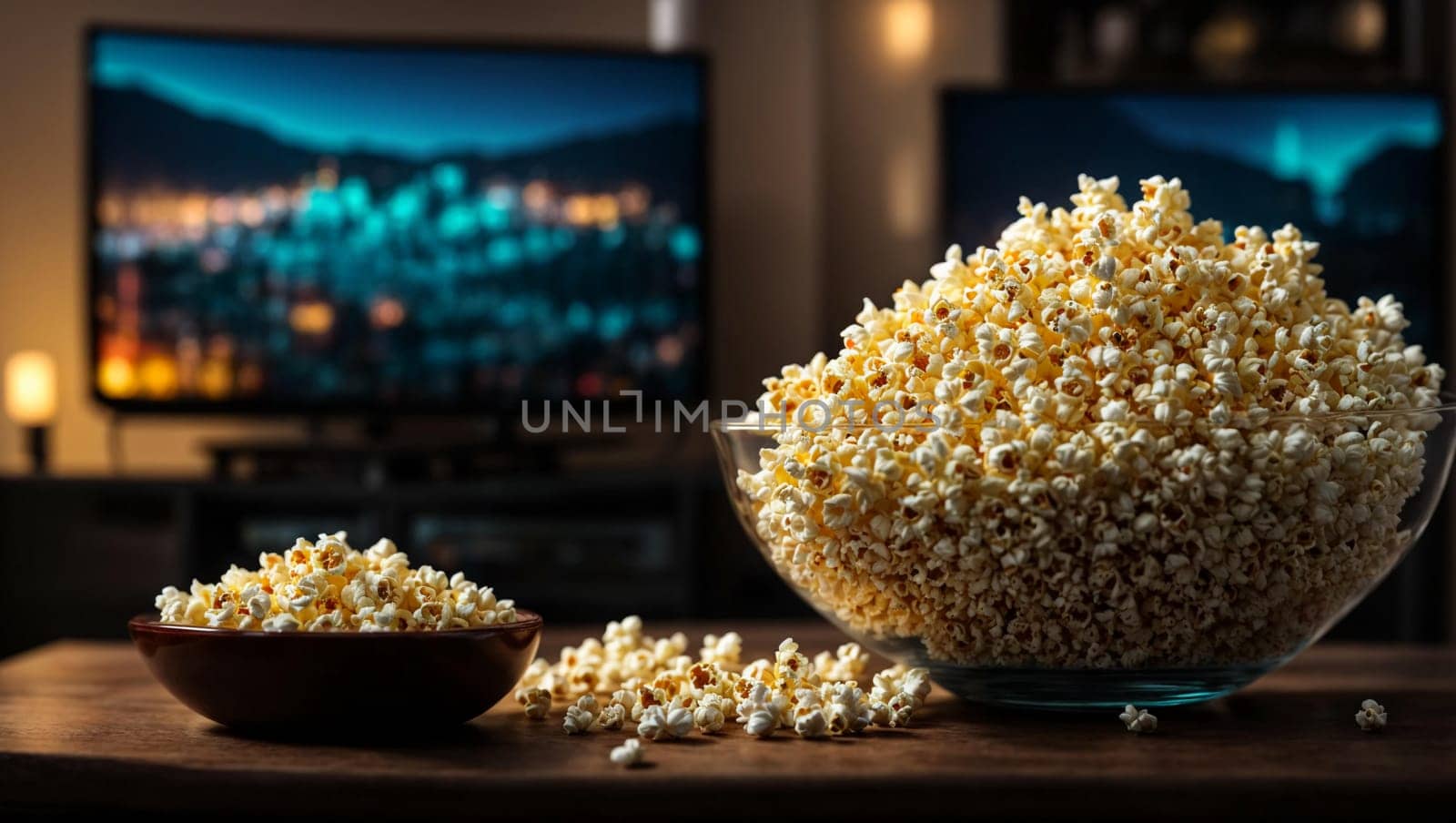 Popcorn in a glass bowl in front of the TV by Севостьянов