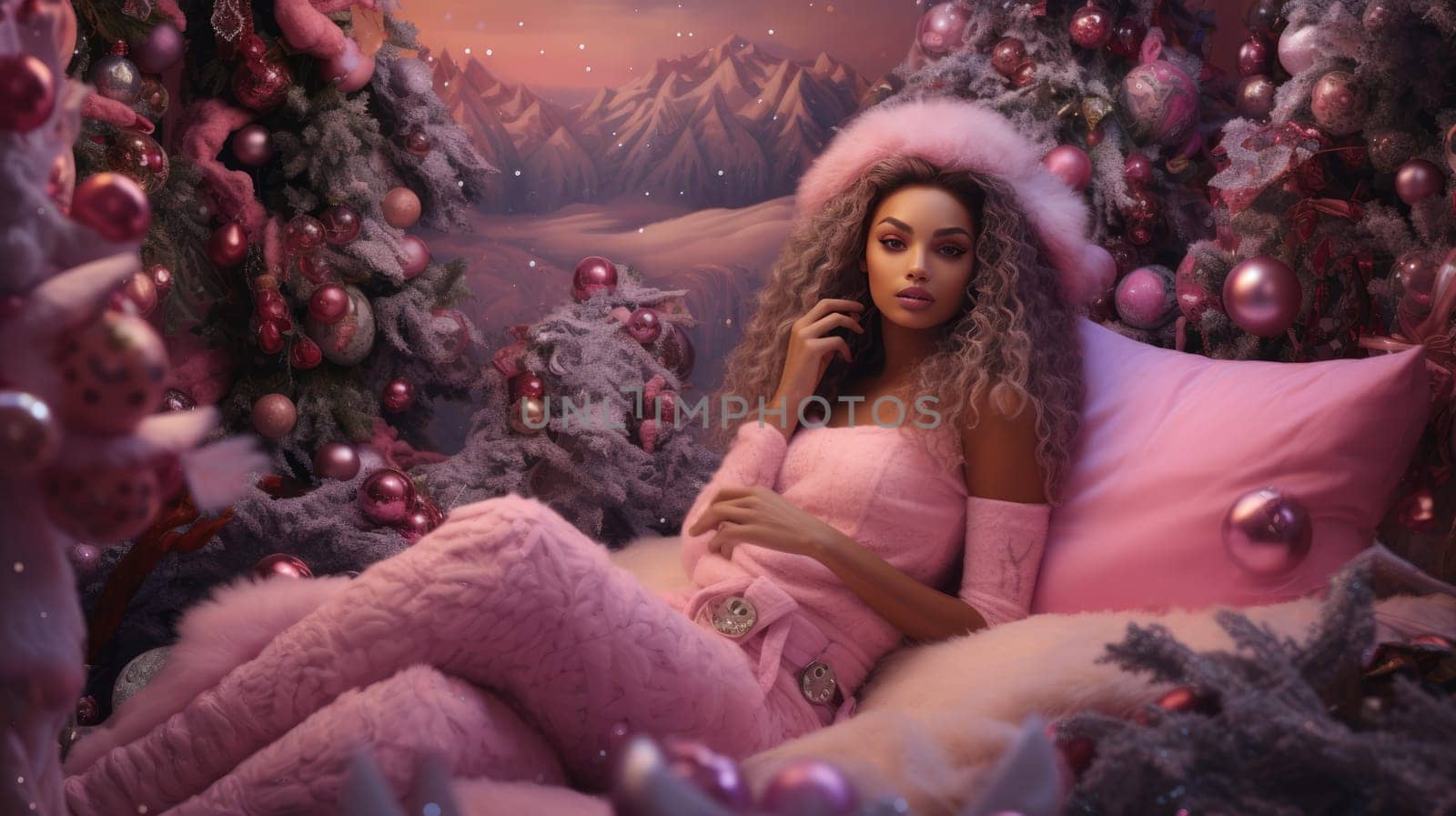 African American girl teenager celebrating Christmas in room decorated in pink. Cozy Christmas holidays.