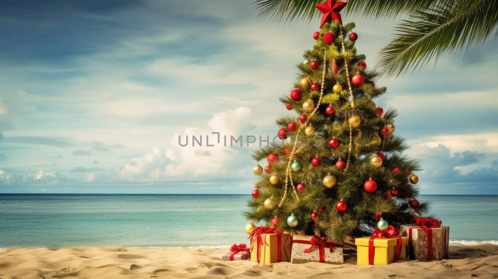 Decorated Christmas tree standing by the sea shore under cloudy skies