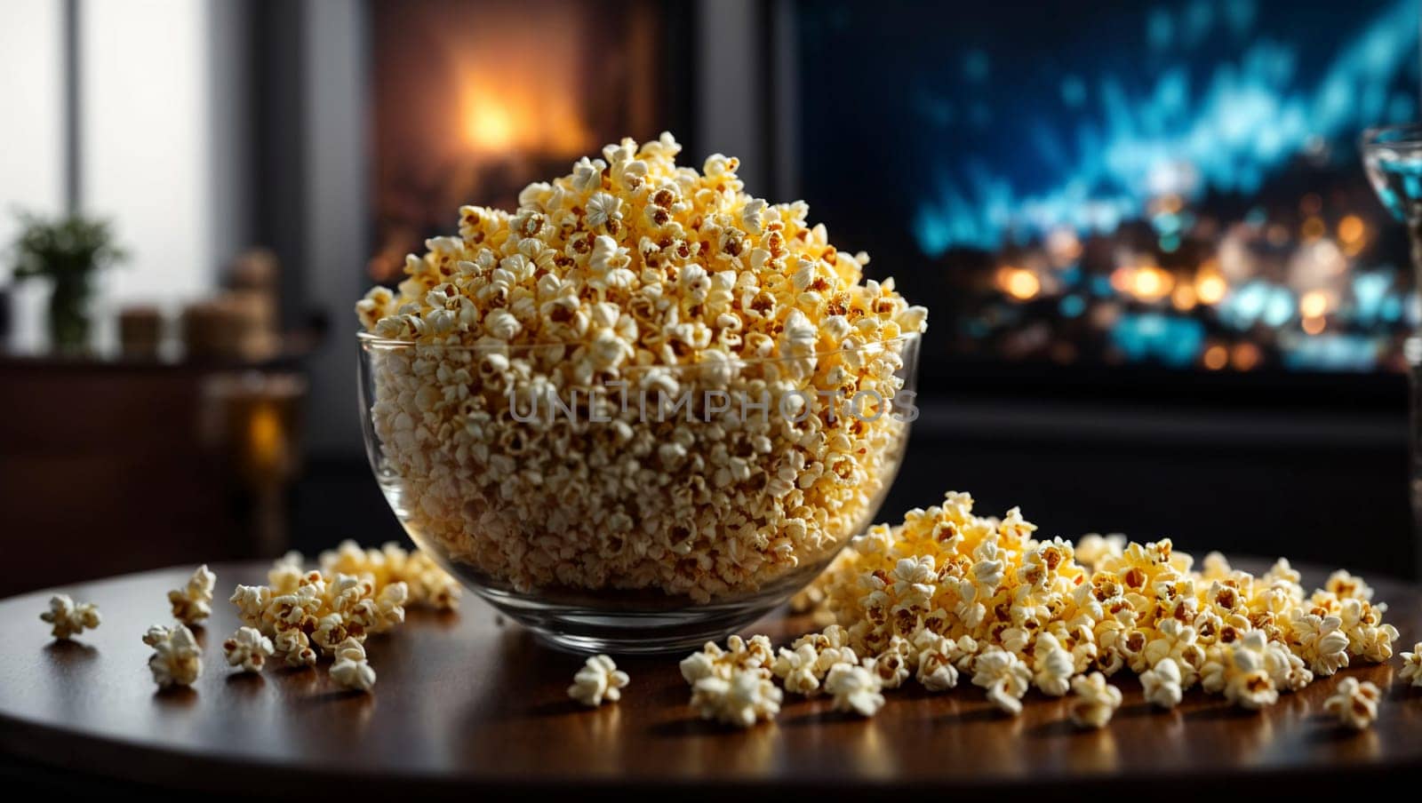 Popcorn in a glass bowl in front of the TV in the home interior.