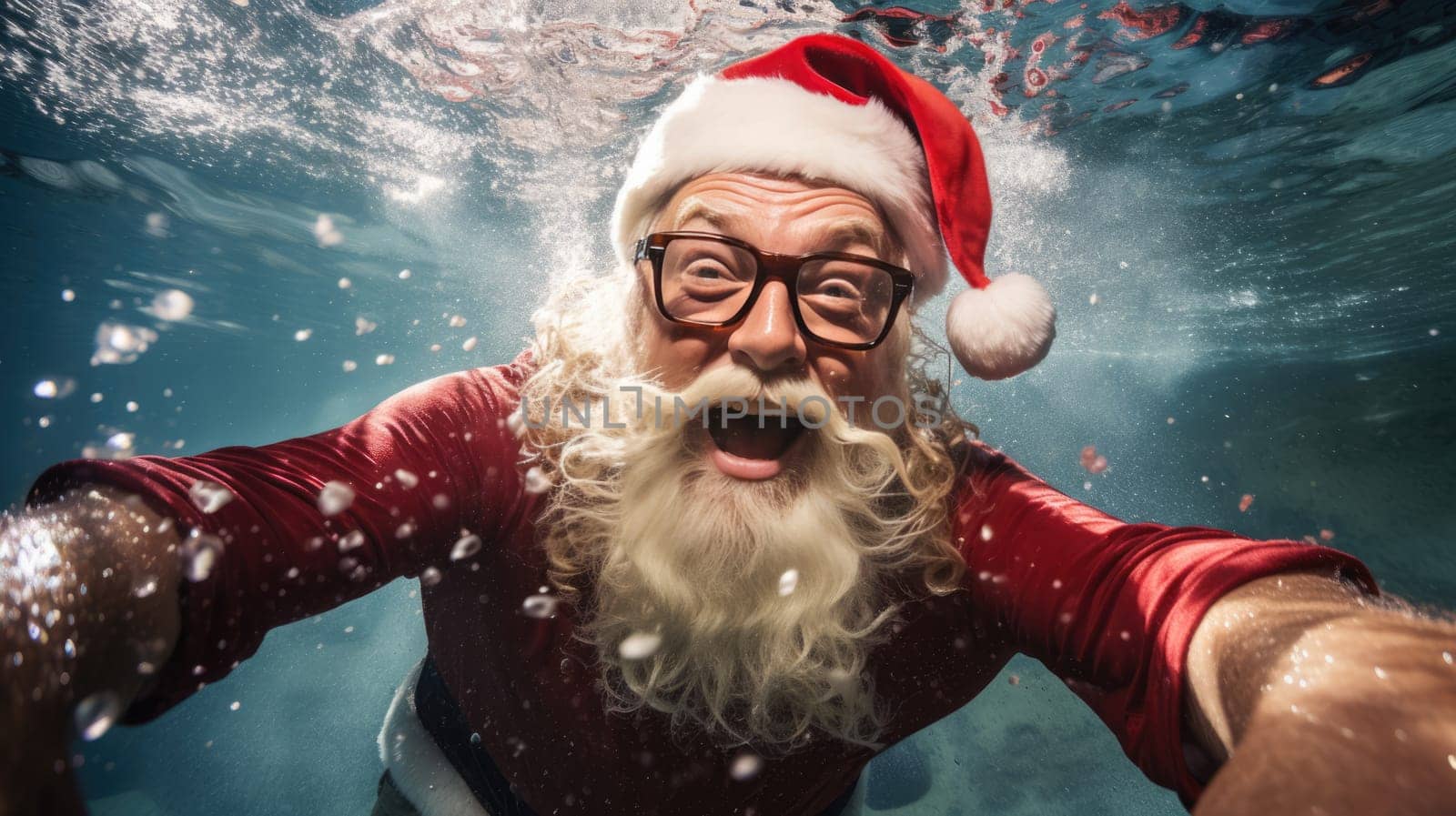 Santa Claus swim and relax in blue transparent pool water. Merry Christmas and Happy New Year travel destinations concept