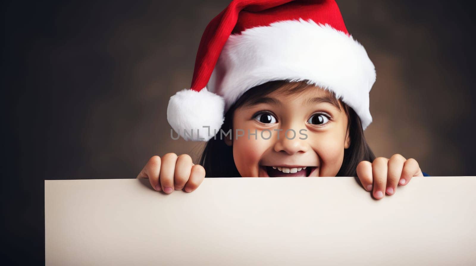 Surprised child in Santa hat hiding behind white advertisement board, Copy space for text or design, kid peeking out blank banner