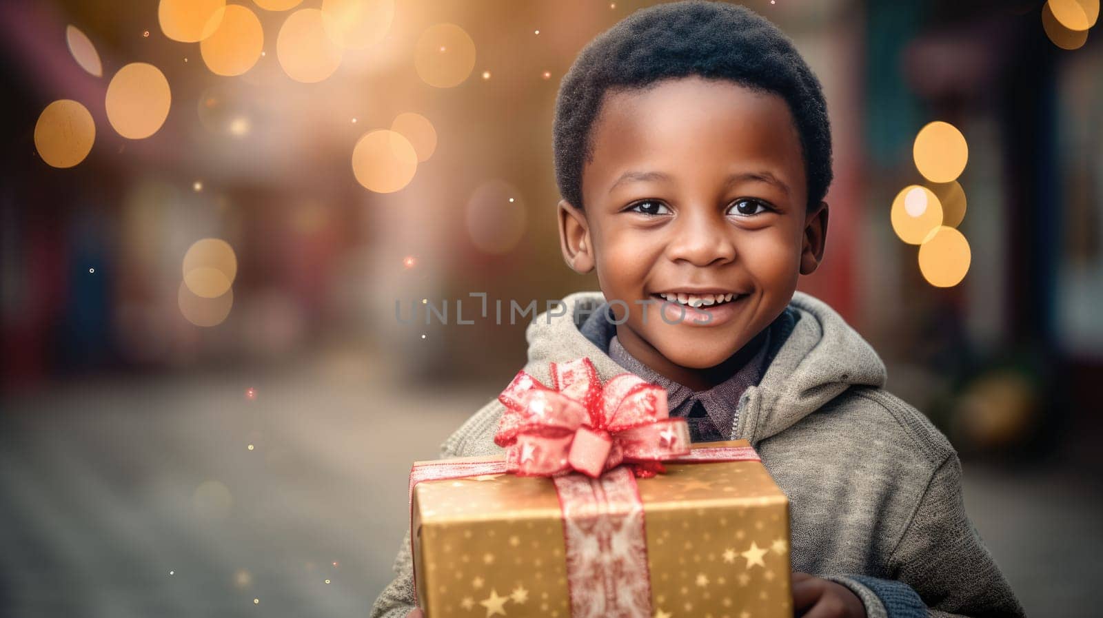 African kid with big giftbox is looking to the camera dusty street on background. Christmas support. Give and share kindness