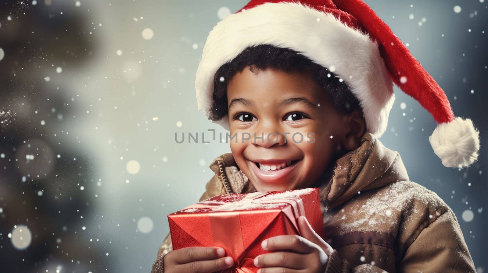 Happy African American kid with big giftbox is looking to the camera. Christmas holiday shopping. Give and share kindness