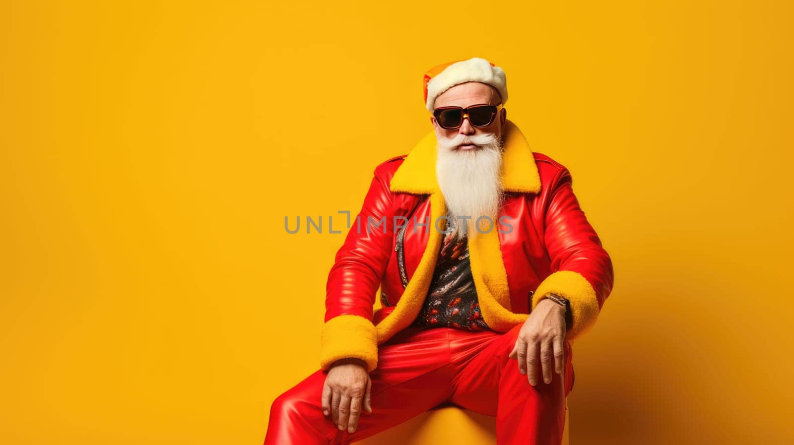 Portrait of funny crazy hipster Santa Claus in red hat fun Christmas x-mas party celebrate New year time dance on yellow background