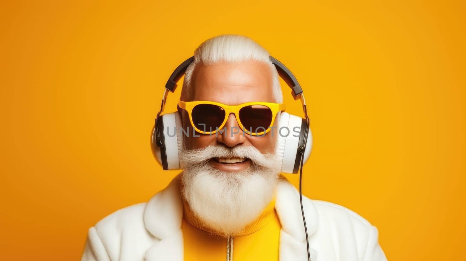 Portrait of funny crazy hipster Santa Claus in headphones fun Christmas x-mas party celebrate New year time dance on yellow background