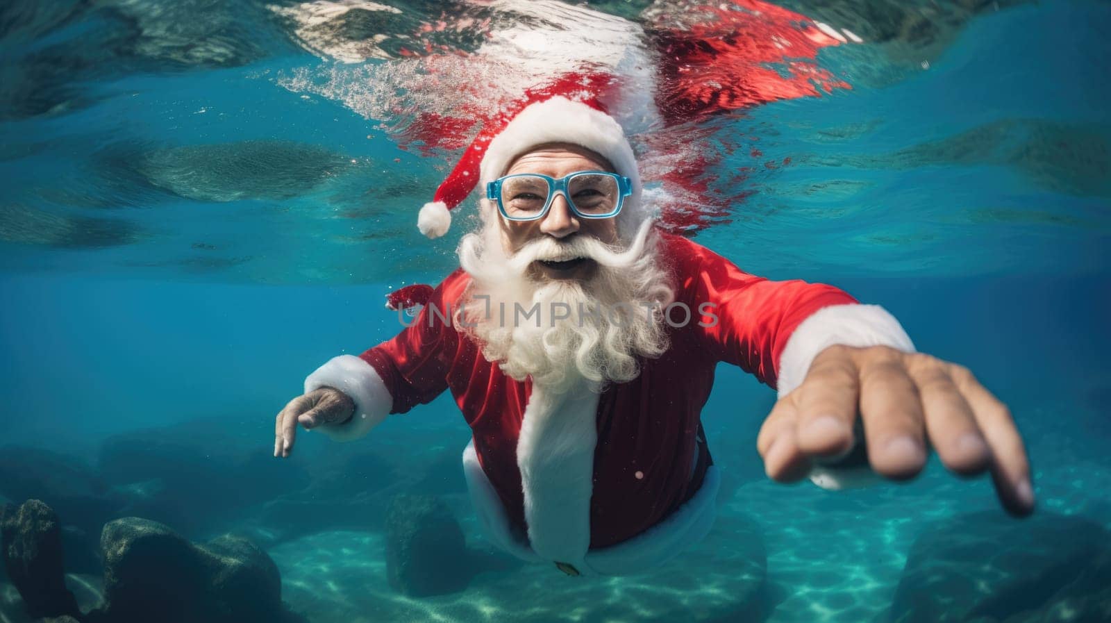 Santa Claus swim and relax in blue transparent pool water. Merry Christmas and Happy New Year travel destinations concept