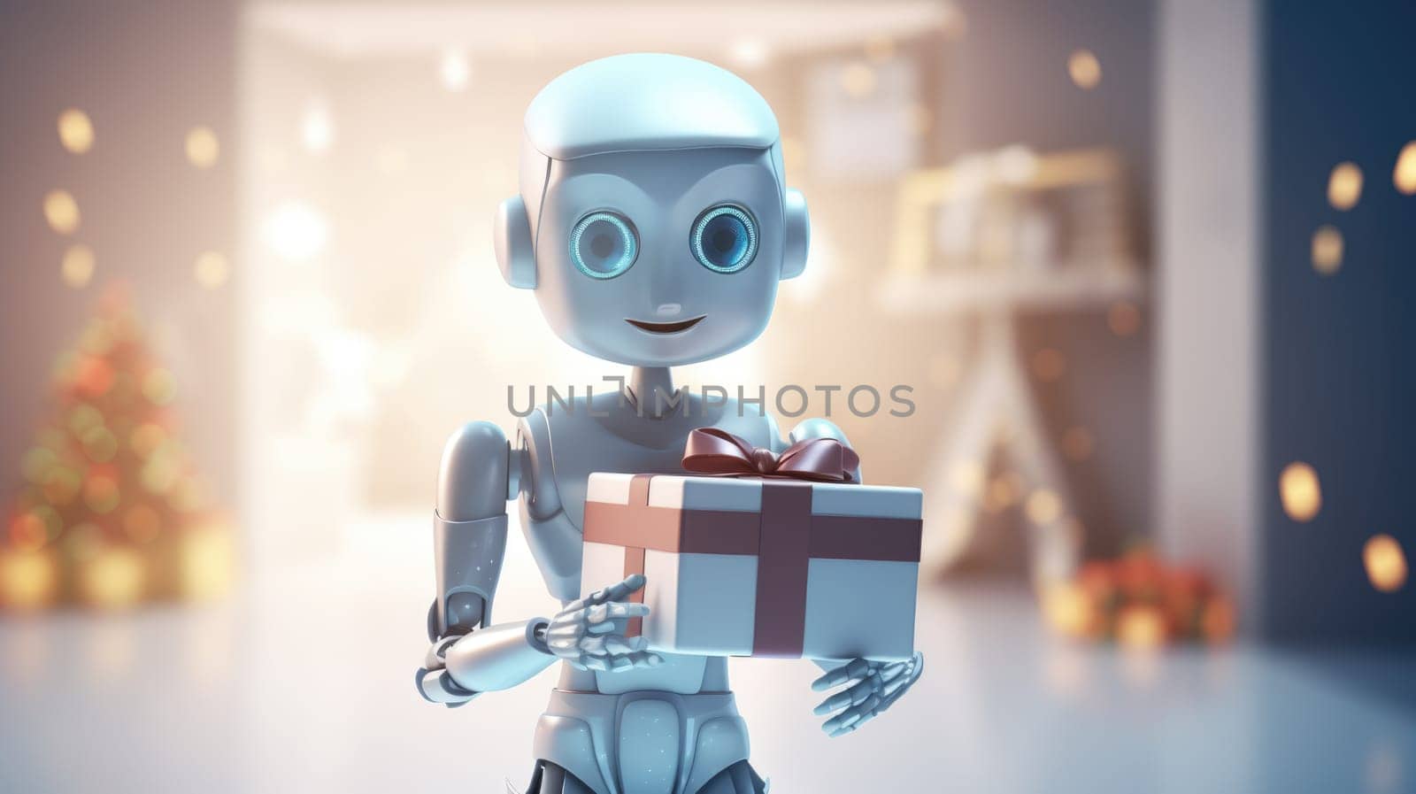 Shot of robot holding a small gift box. Holidays and celebration concept. by JuliaDorian